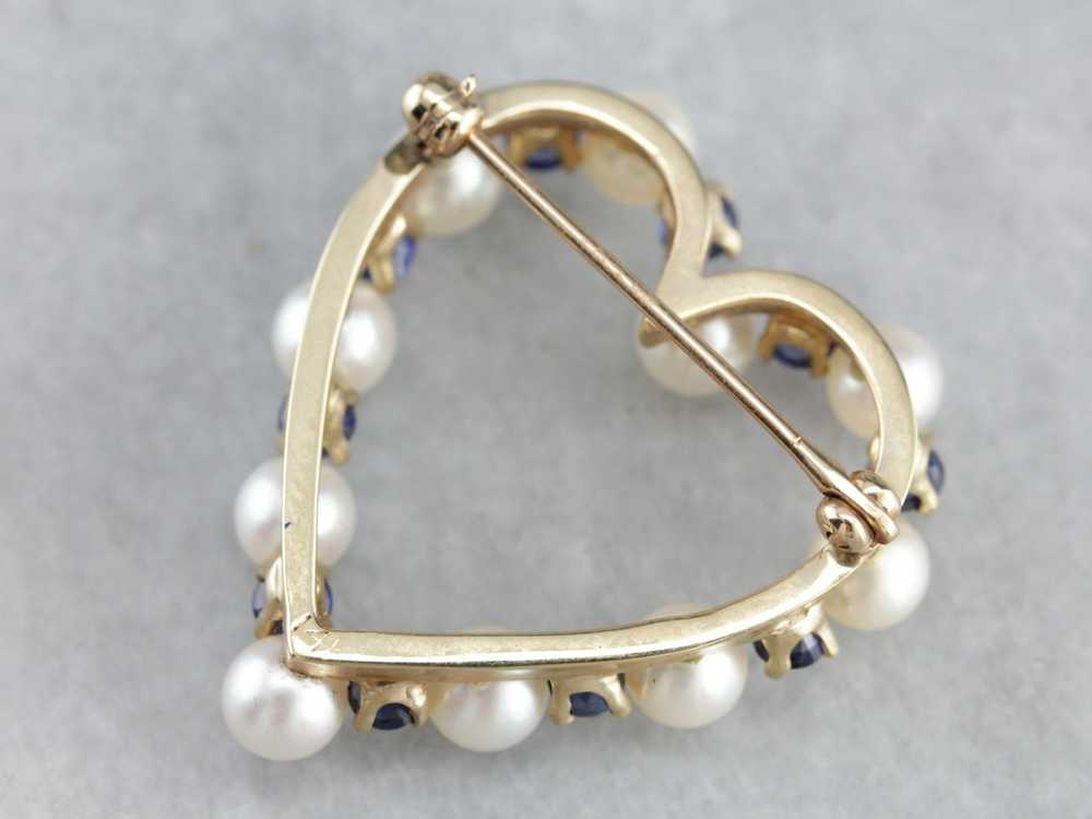 Pearl Sapphire Gold Heart Brooch - image 4