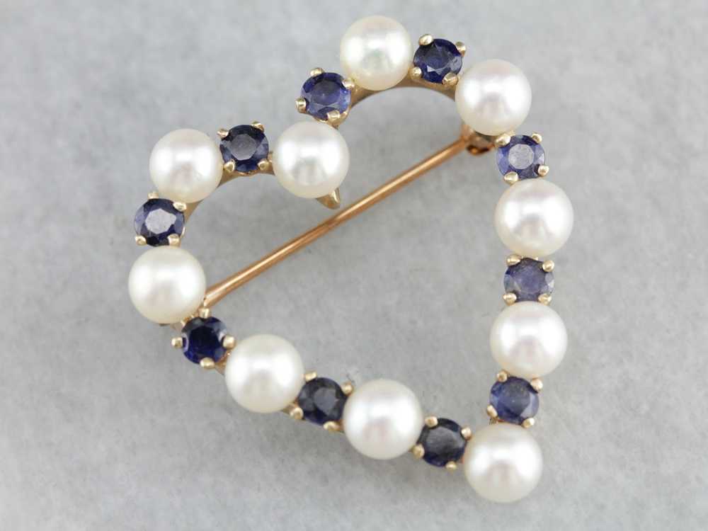 Pearl Sapphire Gold Heart Brooch - image 5