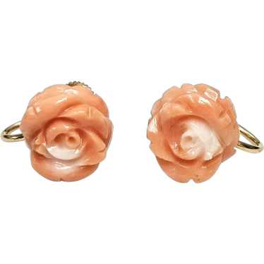 Vintage Carved Coral Roses 14K Gold Screw Back Ea… - image 1