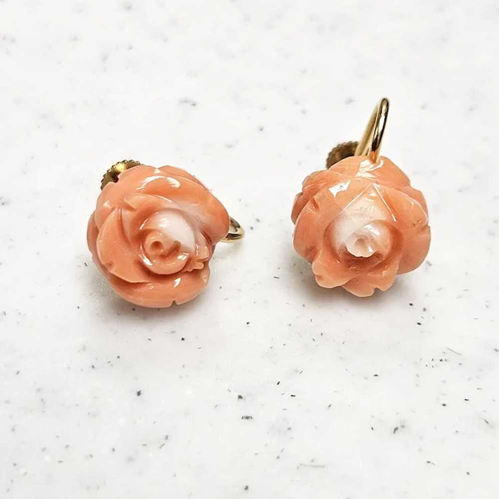 Vintage Carved Coral Roses 14K Gold Screw Back Ea… - image 2