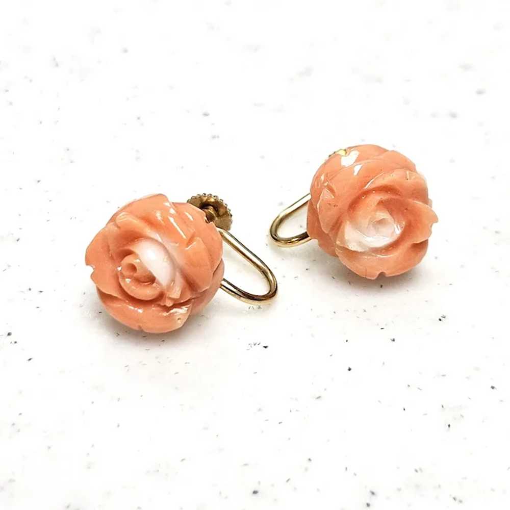 Vintage Carved Coral Roses 14K Gold Screw Back Ea… - image 3