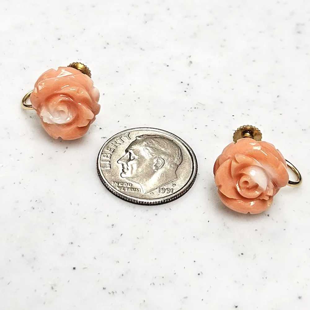 Vintage Carved Coral Roses 14K Gold Screw Back Ea… - image 4