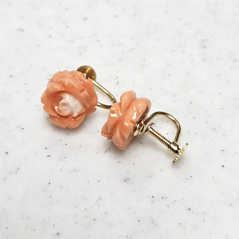 Vintage Carved Coral Roses 14K Gold Screw Back Ea… - image 5