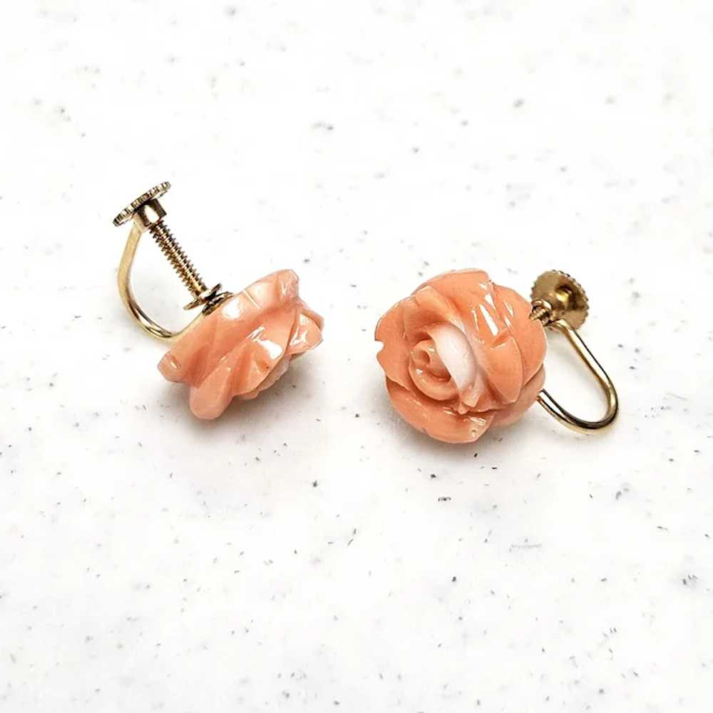 Vintage Carved Coral Roses 14K Gold Screw Back Ea… - image 6