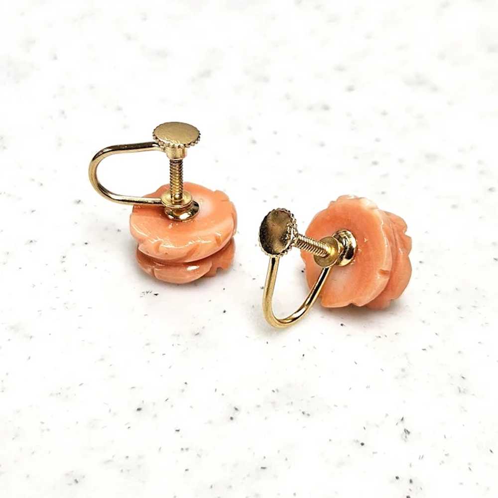 Vintage Carved Coral Roses 14K Gold Screw Back Ea… - image 7