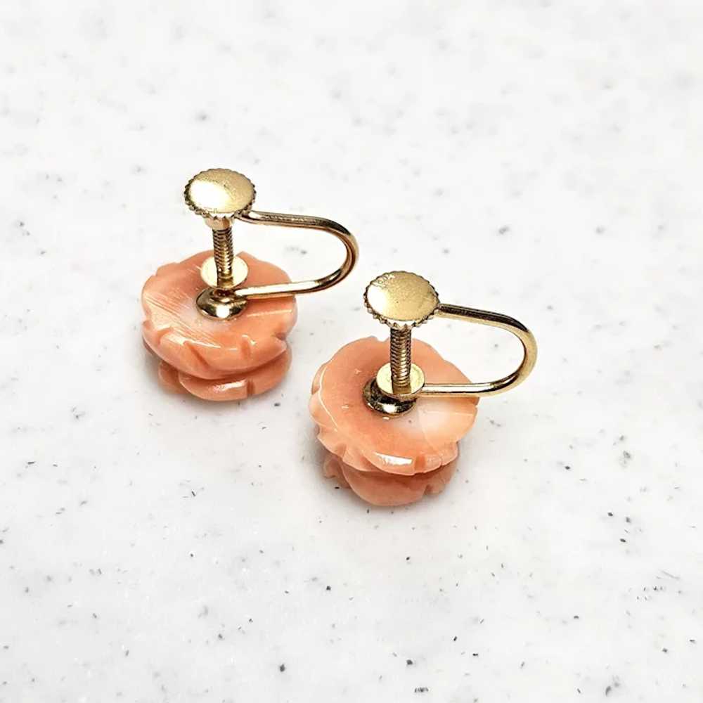 Vintage Carved Coral Roses 14K Gold Screw Back Ea… - image 8