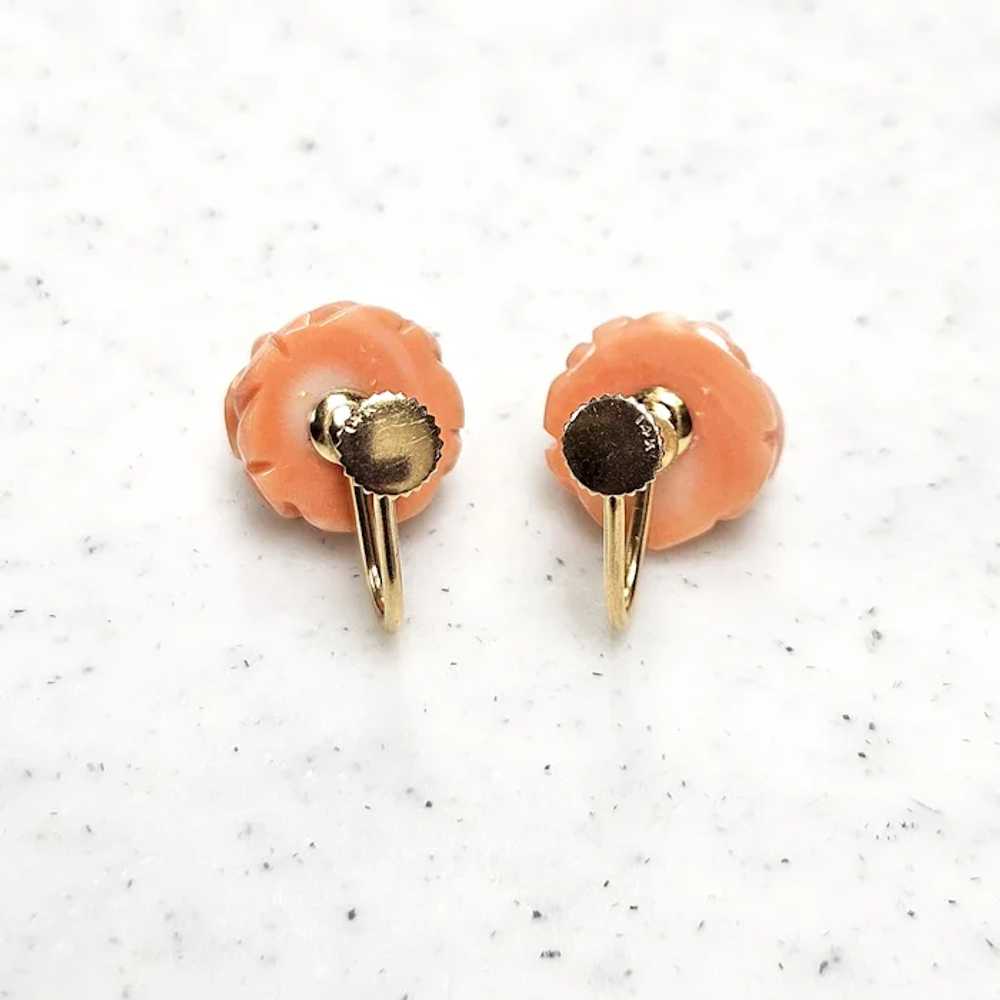 Vintage Carved Coral Roses 14K Gold Screw Back Ea… - image 9