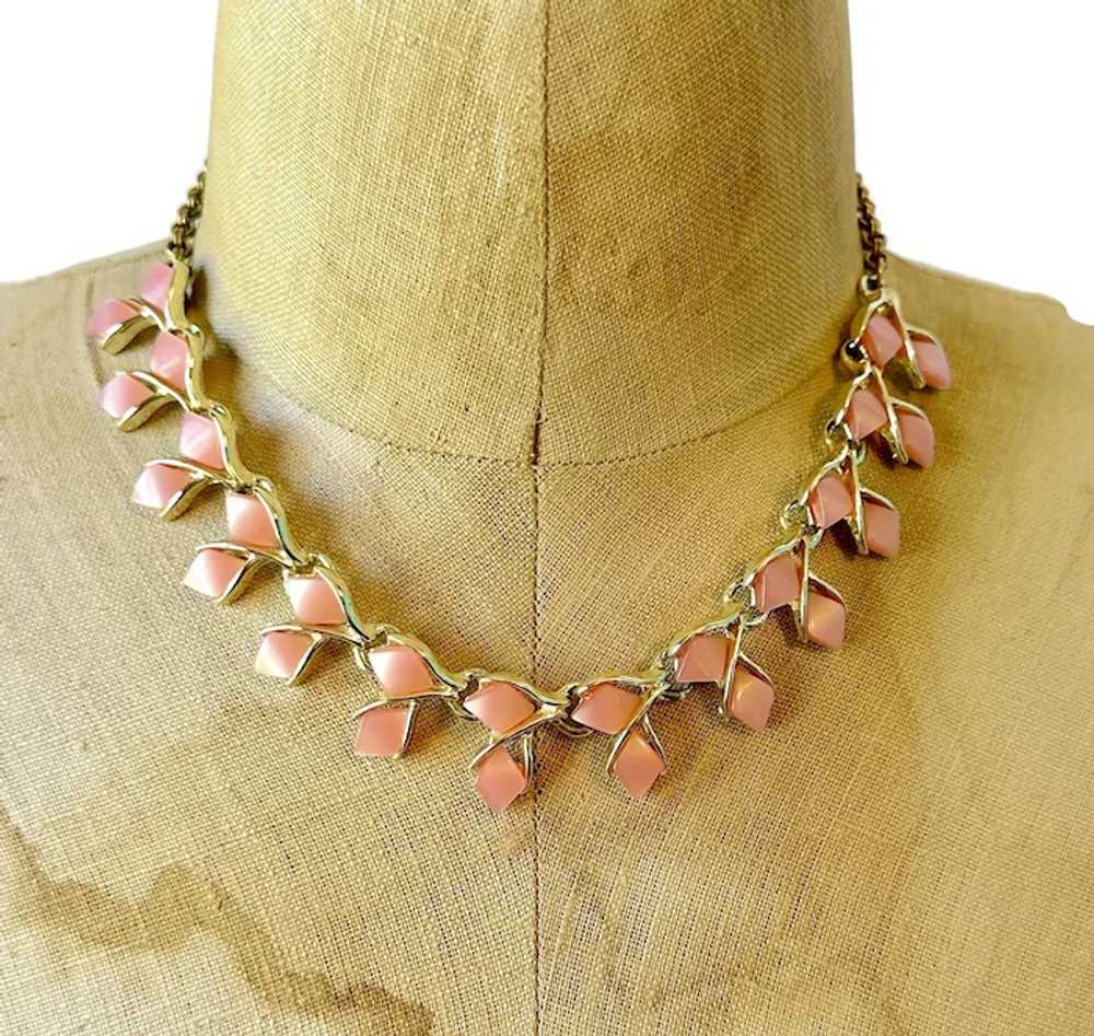 Pink Moonglow, Vintage Necklace, Gold Tone, 50s, … - image 2