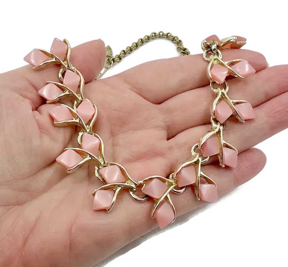 Pink Moonglow, Vintage Necklace, Gold Tone, 50s, … - image 5