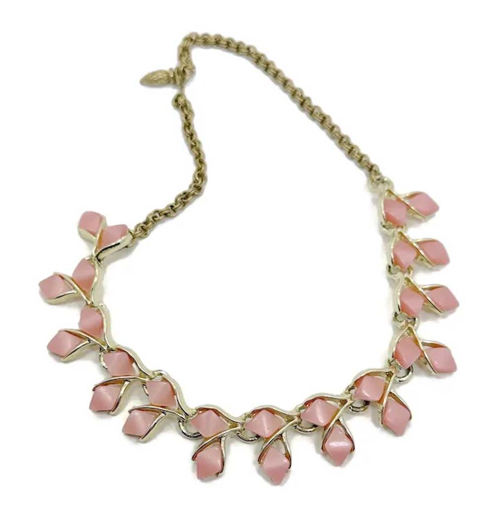 Pink Moonglow, Vintage Necklace, Gold Tone, 50s, … - image 6