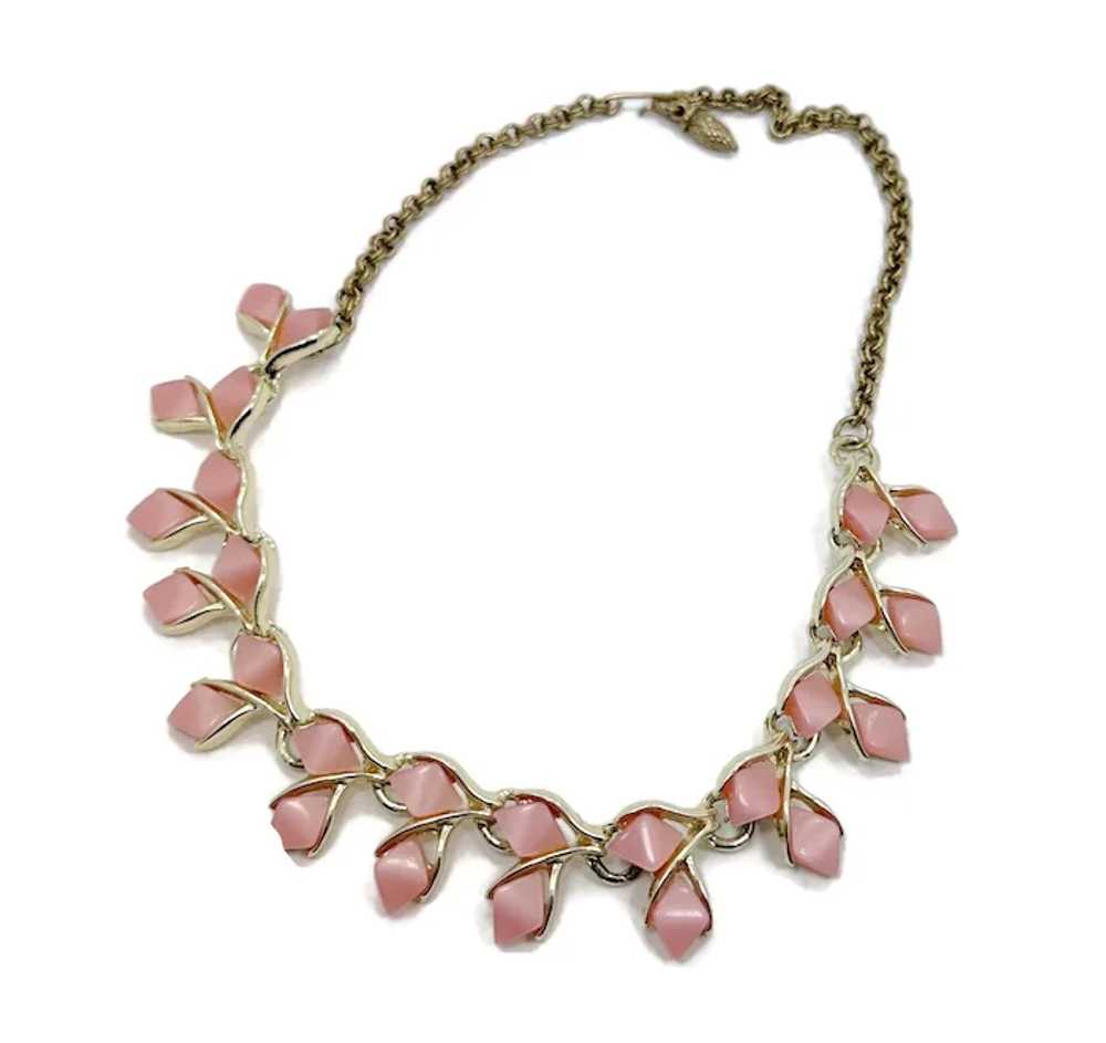 Pink Moonglow, Vintage Necklace, Gold Tone, 50s, … - image 7