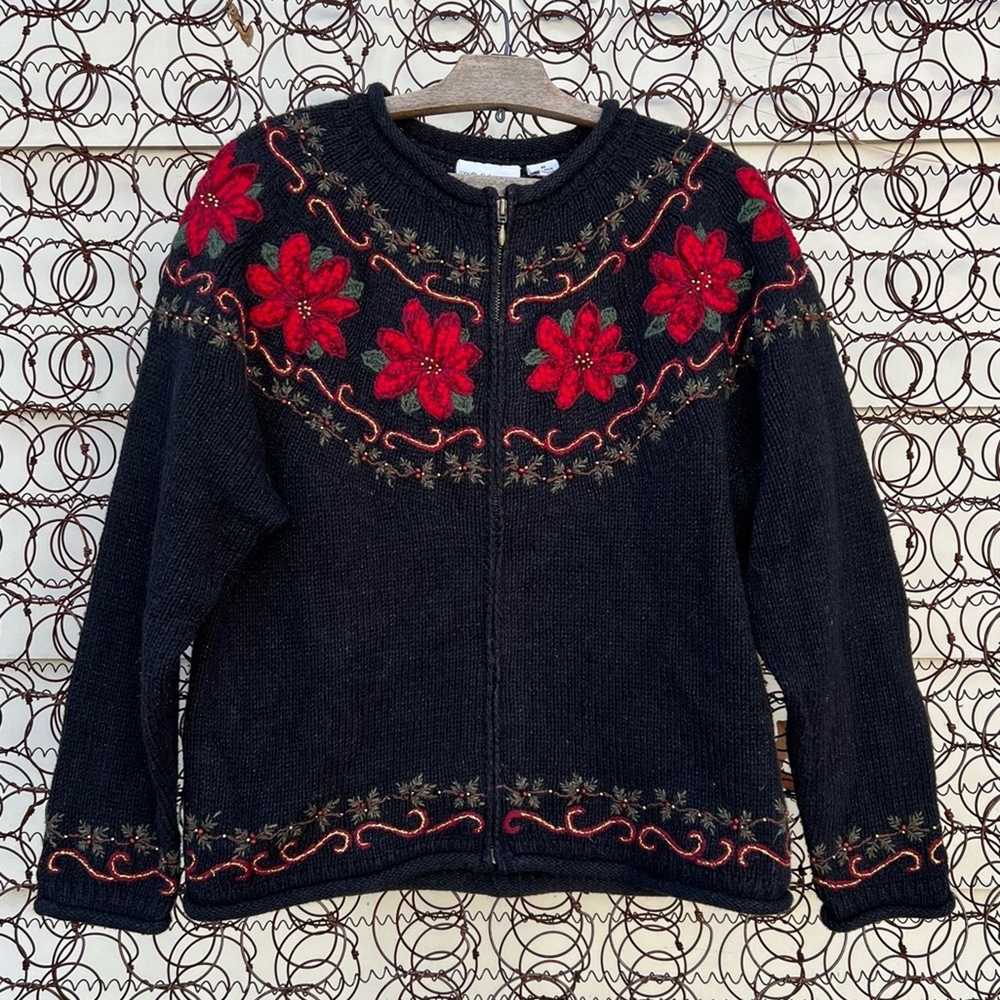 Vintage poinsettia embroidered zip ugly holiday C… - image 1