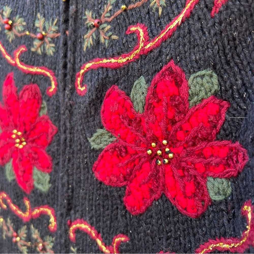 Vintage poinsettia embroidered zip ugly holiday C… - image 2