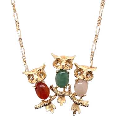 14K Yellow Gold Jade and Diamond Owl Pendant - image 1