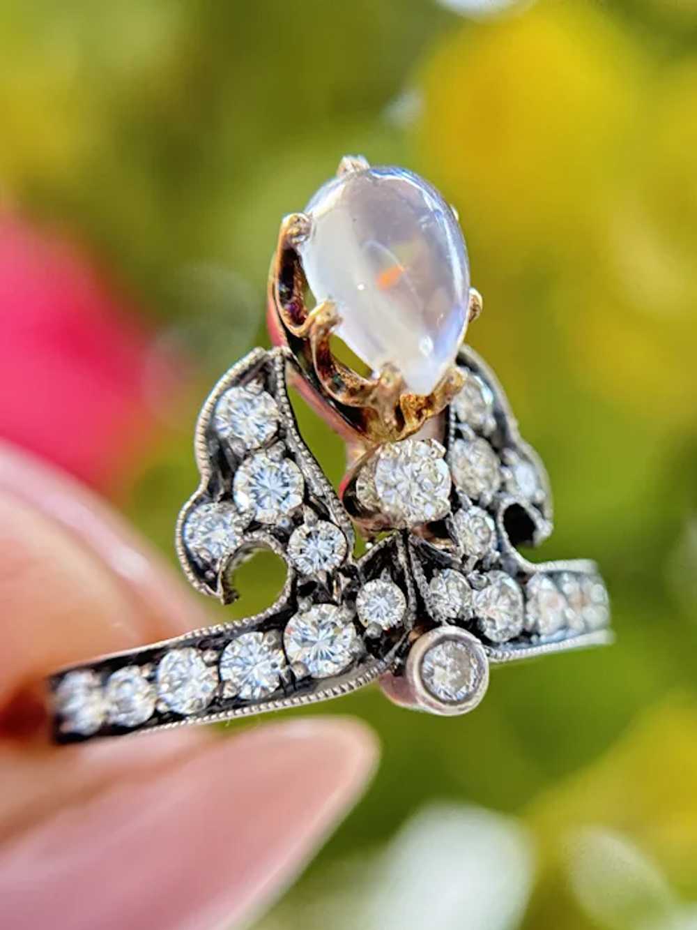 Antique Moonstone and Diamond Silver topped 18k Y… - image 10