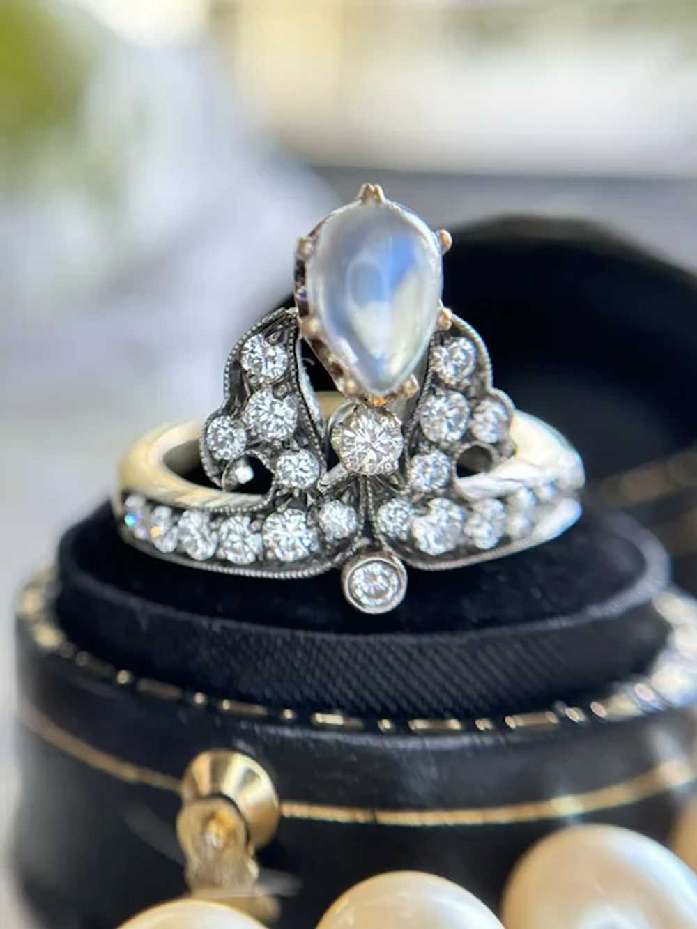 Antique Moonstone and Diamond Silver topped 18k Y… - image 11