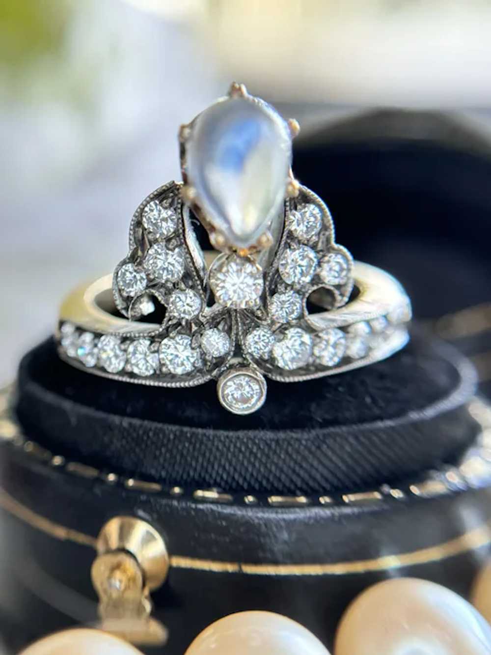 Antique Moonstone and Diamond Silver topped 18k Y… - image 2