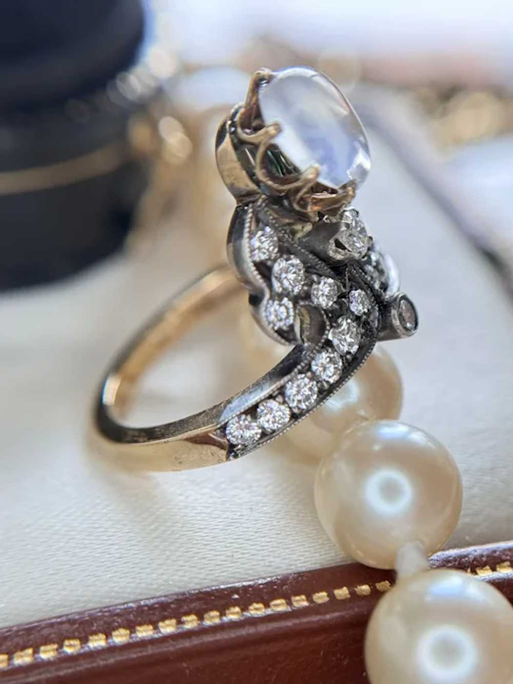 Antique Moonstone and Diamond Silver topped 18k Y… - image 3