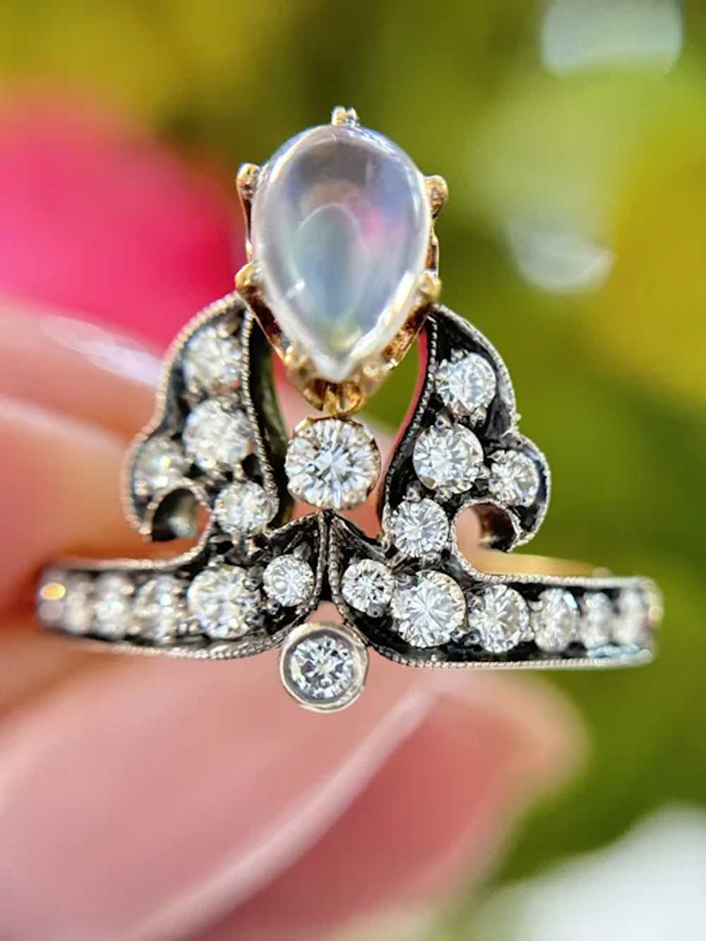 Antique Moonstone and Diamond Silver topped 18k Y… - image 6