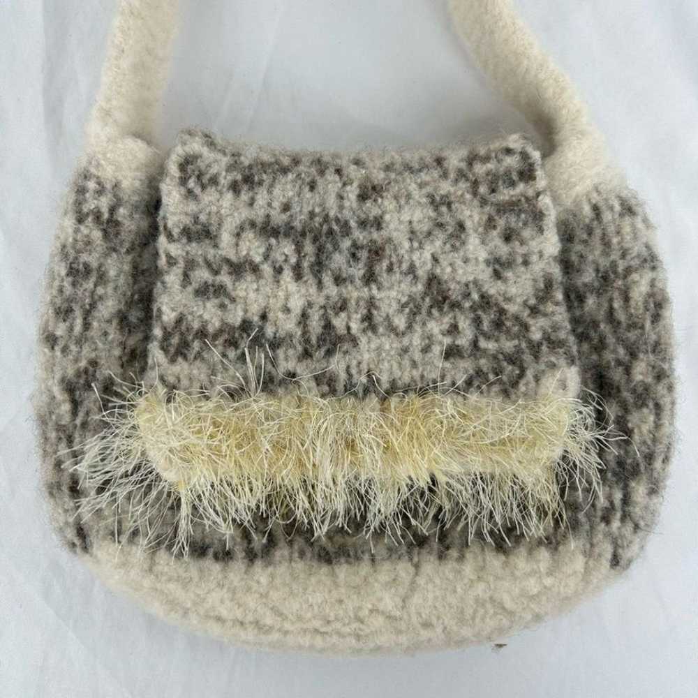 Vintage Wool Felt Grey and Cream Shoulder Bag - image 3