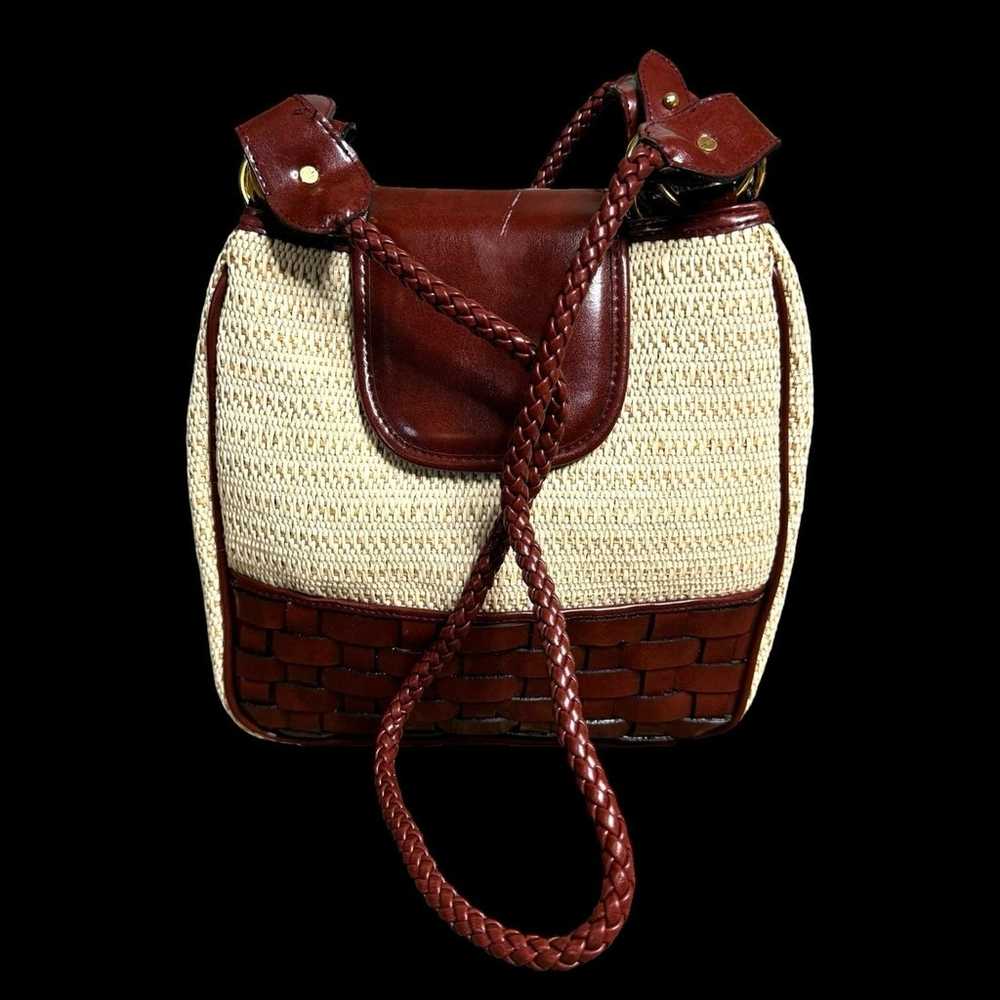 Vintage leather woven wicker  burgundy leather cr… - image 7