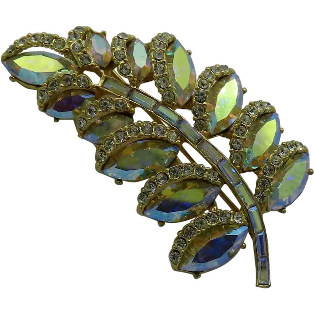 Pretty Aurora Borealis Leaf Brooch Marquise Navet… - image 1