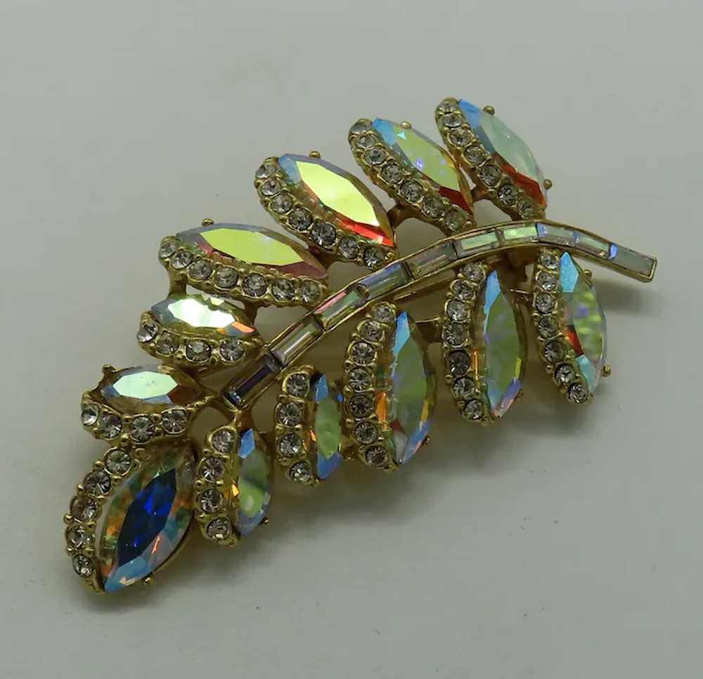 Pretty Aurora Borealis Leaf Brooch Marquise Navet… - image 2