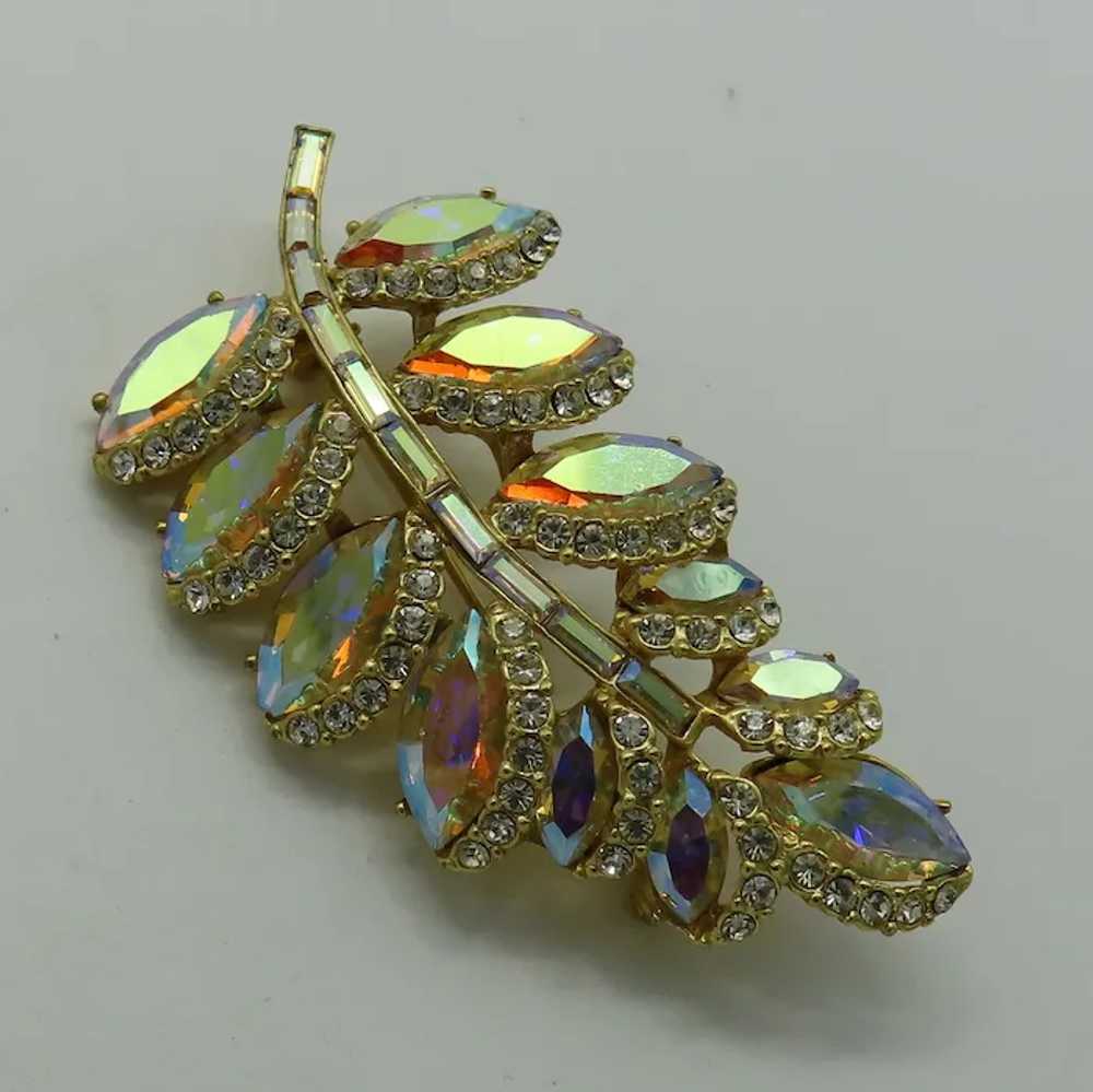 Pretty Aurora Borealis Leaf Brooch Marquise Navet… - image 3