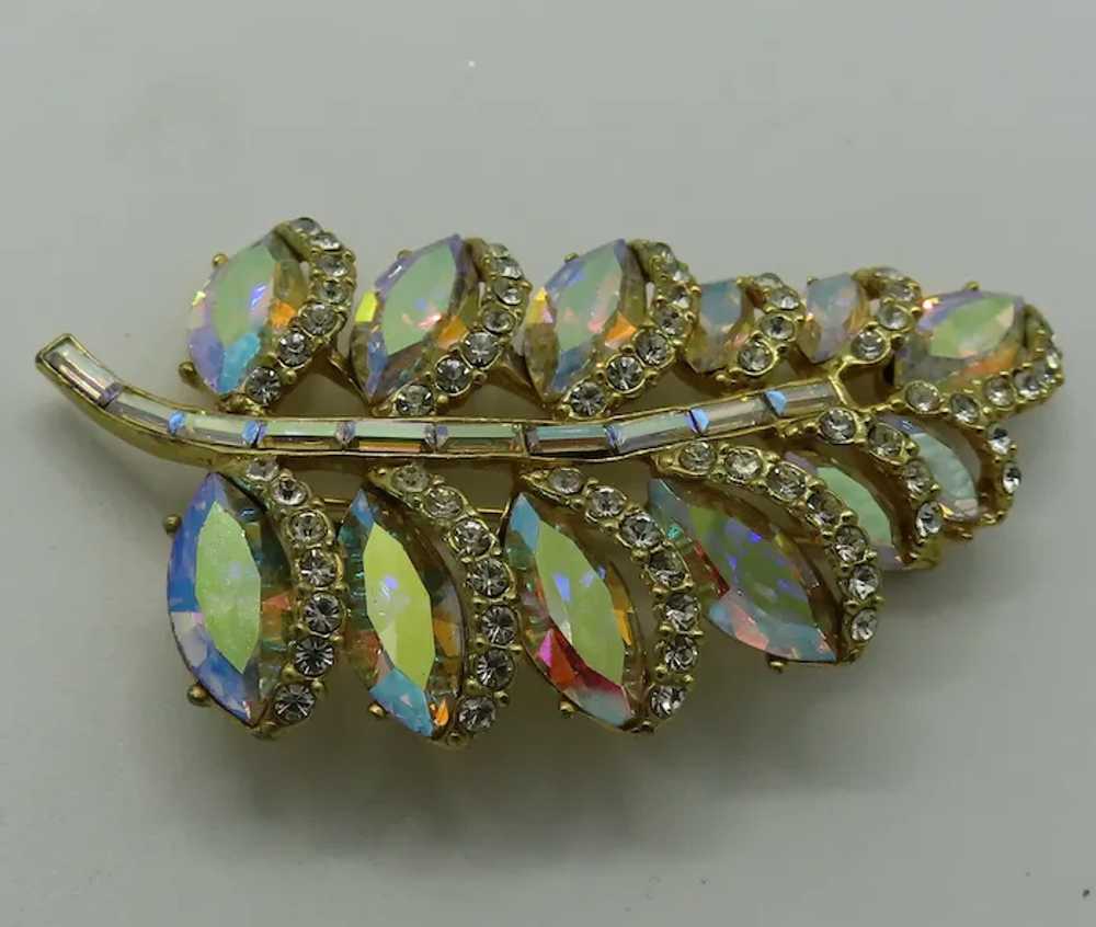 Pretty Aurora Borealis Leaf Brooch Marquise Navet… - image 4