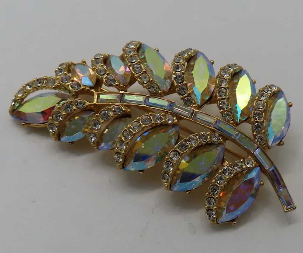 Pretty Aurora Borealis Leaf Brooch Marquise Navet… - image 6