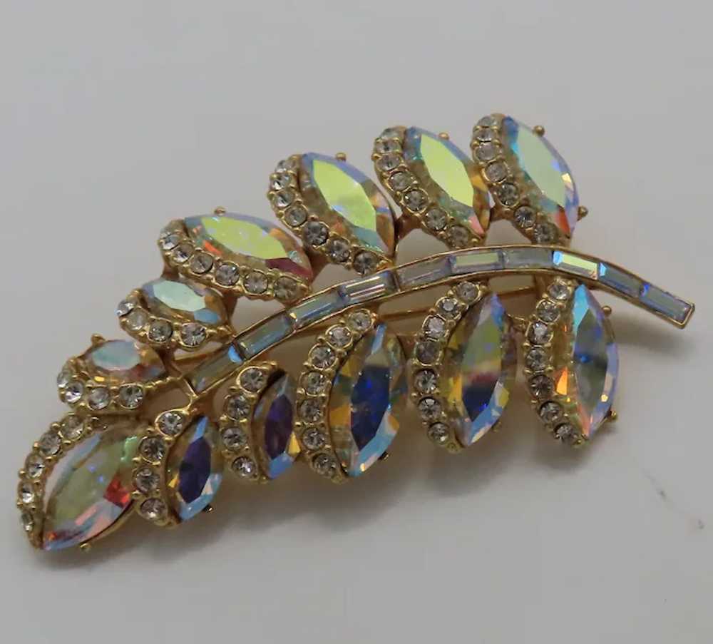 Pretty Aurora Borealis Leaf Brooch Marquise Navet… - image 7