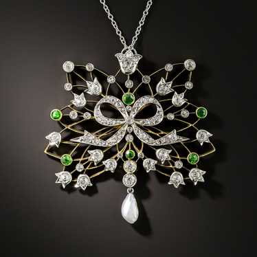 Edwardian Diamond, Demantoid Garnet and Pearl Nec… - image 1