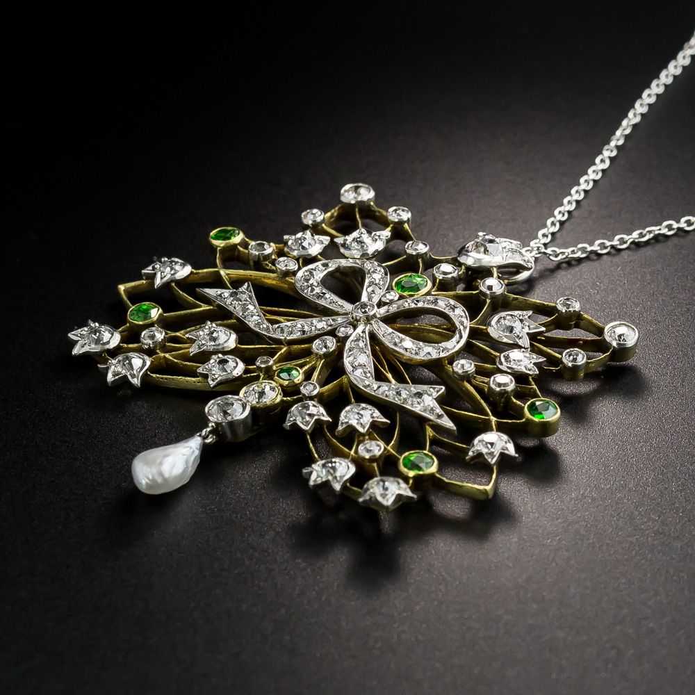 Edwardian Diamond, Demantoid Garnet and Pearl Nec… - image 2