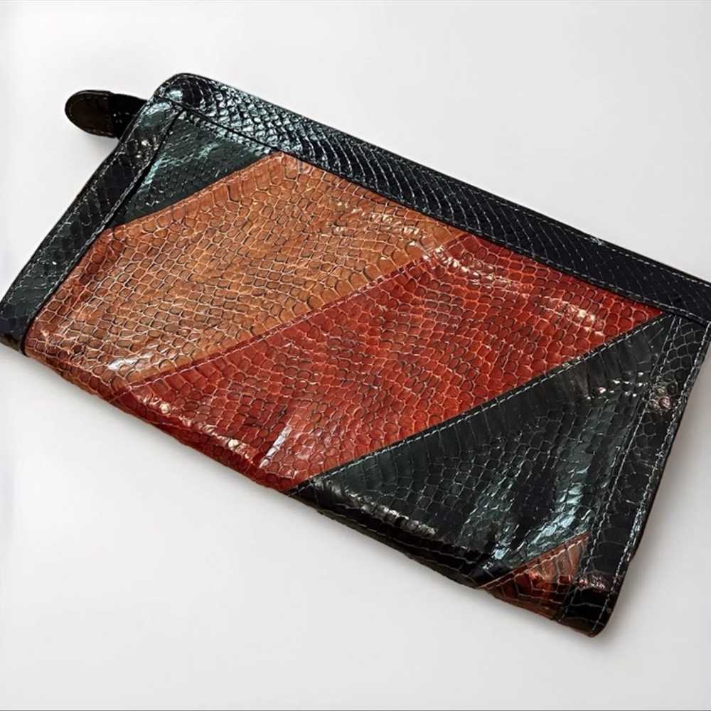 VINTAGE Red Brown Striped Snake Skin Clutch Envel… - image 1