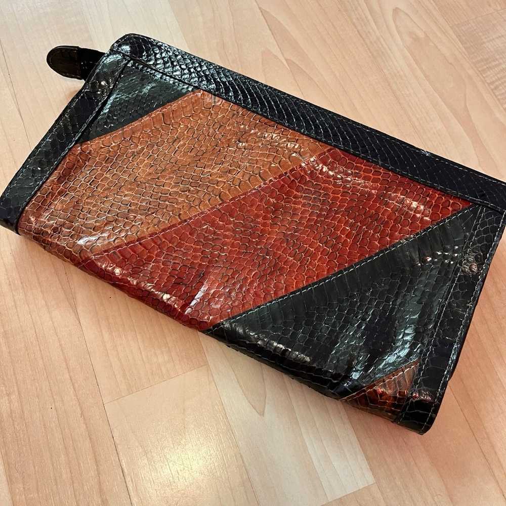 VINTAGE Red Brown Striped Snake Skin Clutch Envel… - image 2