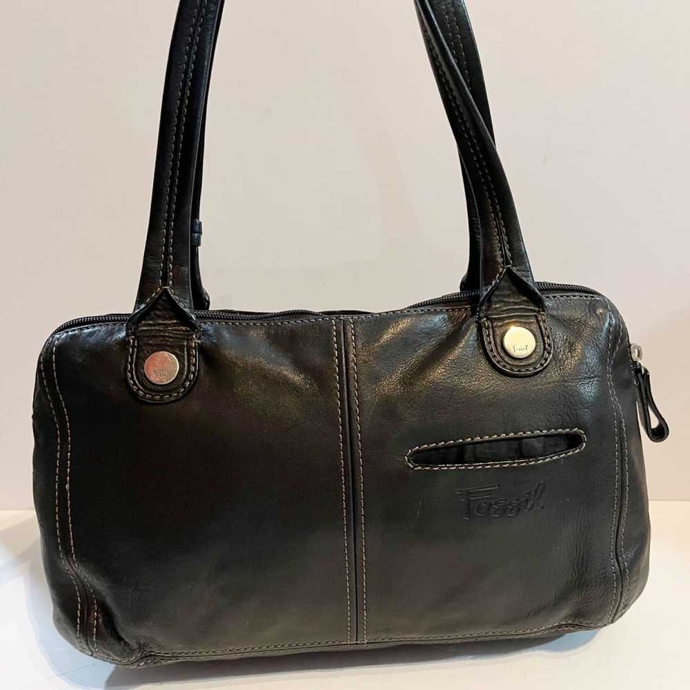 Fossil Black Leather Large Tote Shoulder Bag Hobo… - image 2