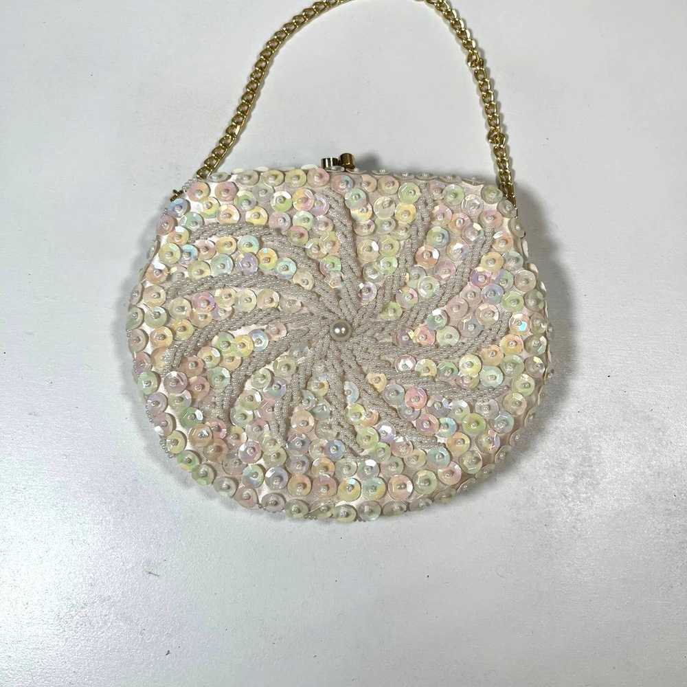 Vintage beaded evening bag cream sequin handmade … - image 1