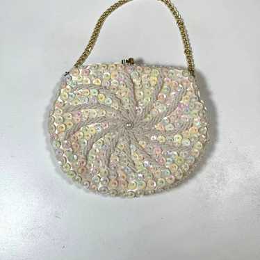 Vintage beaded evening bag cream sequin handmade … - image 1