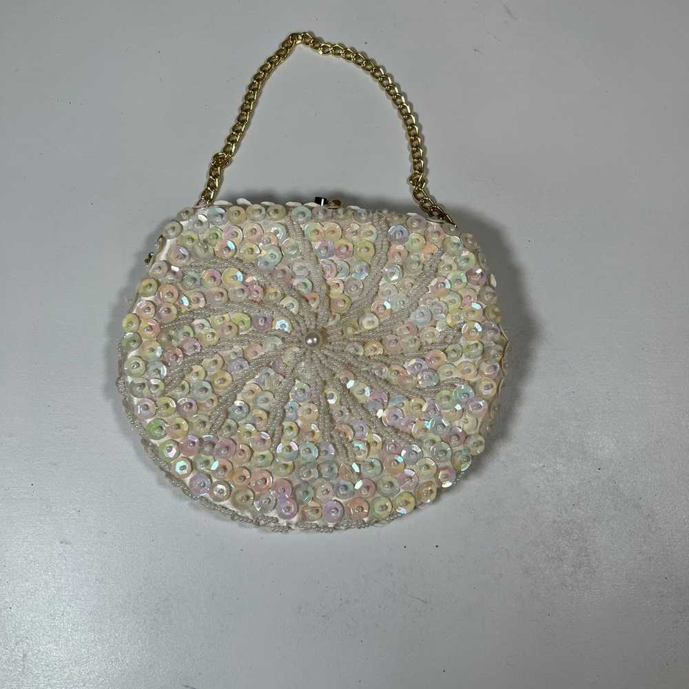 Vintage beaded evening bag cream sequin handmade … - image 2