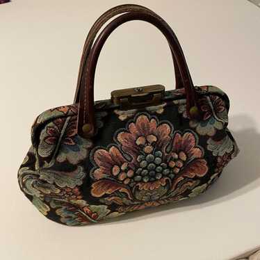 Vintage carpet tapestry jungle bag with monkey & leopard beaded & shops bamboo handles