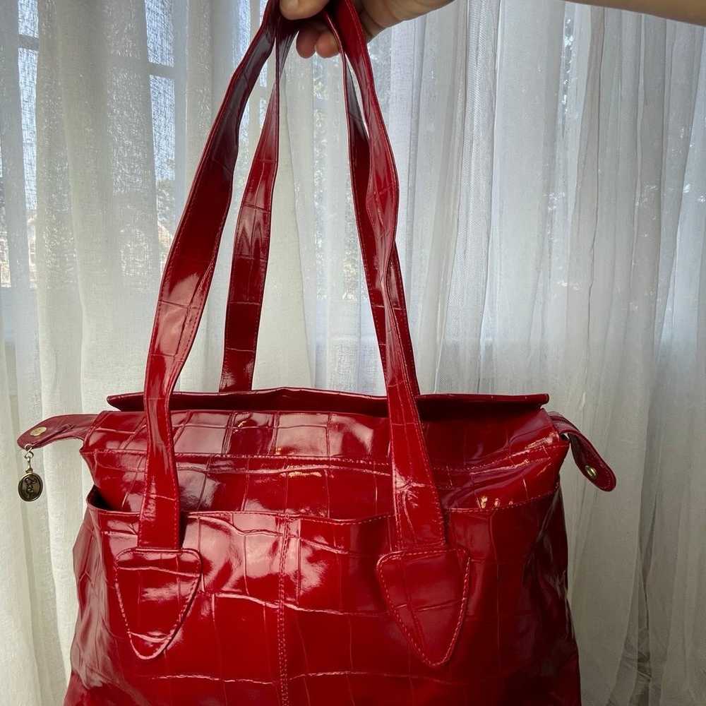 Etra vintage large tote red genuine learher women… - image 2