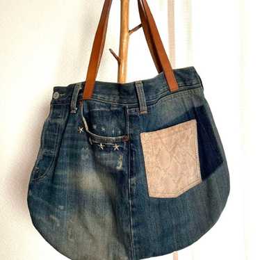 Custom-made denim tote bag with genuine leather s… - image 1