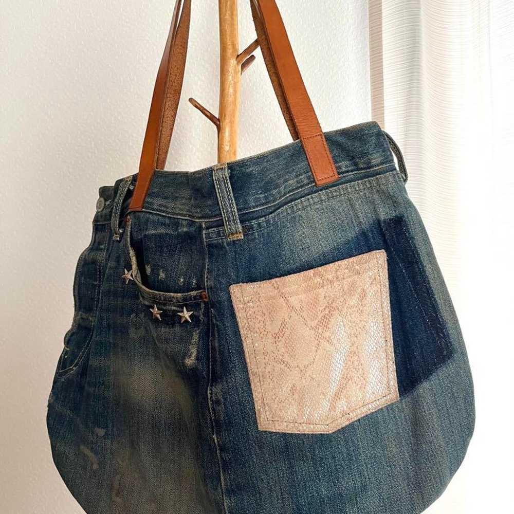 Custom-made denim tote bag with genuine leather s… - image 2