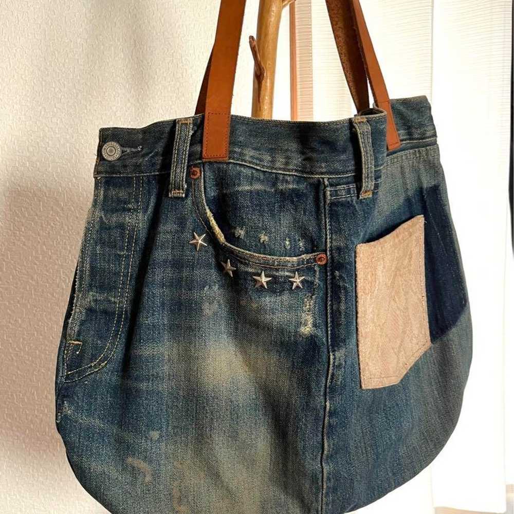 Custom-made denim tote bag with genuine leather s… - image 3