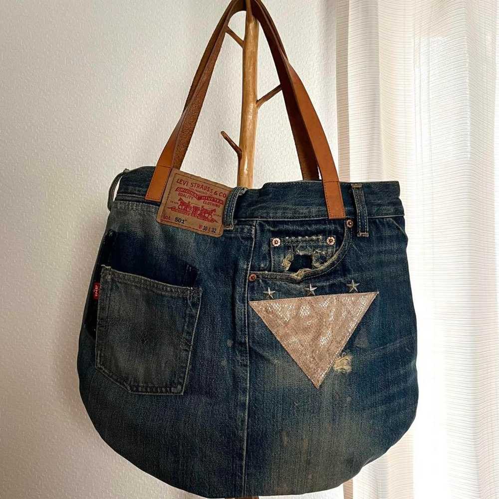 Custom-made denim tote bag with genuine leather s… - image 4