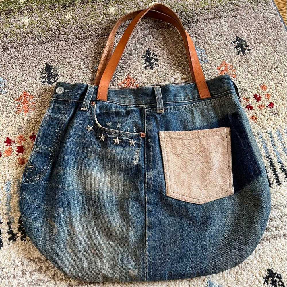 Custom-made denim tote bag with genuine leather s… - image 5