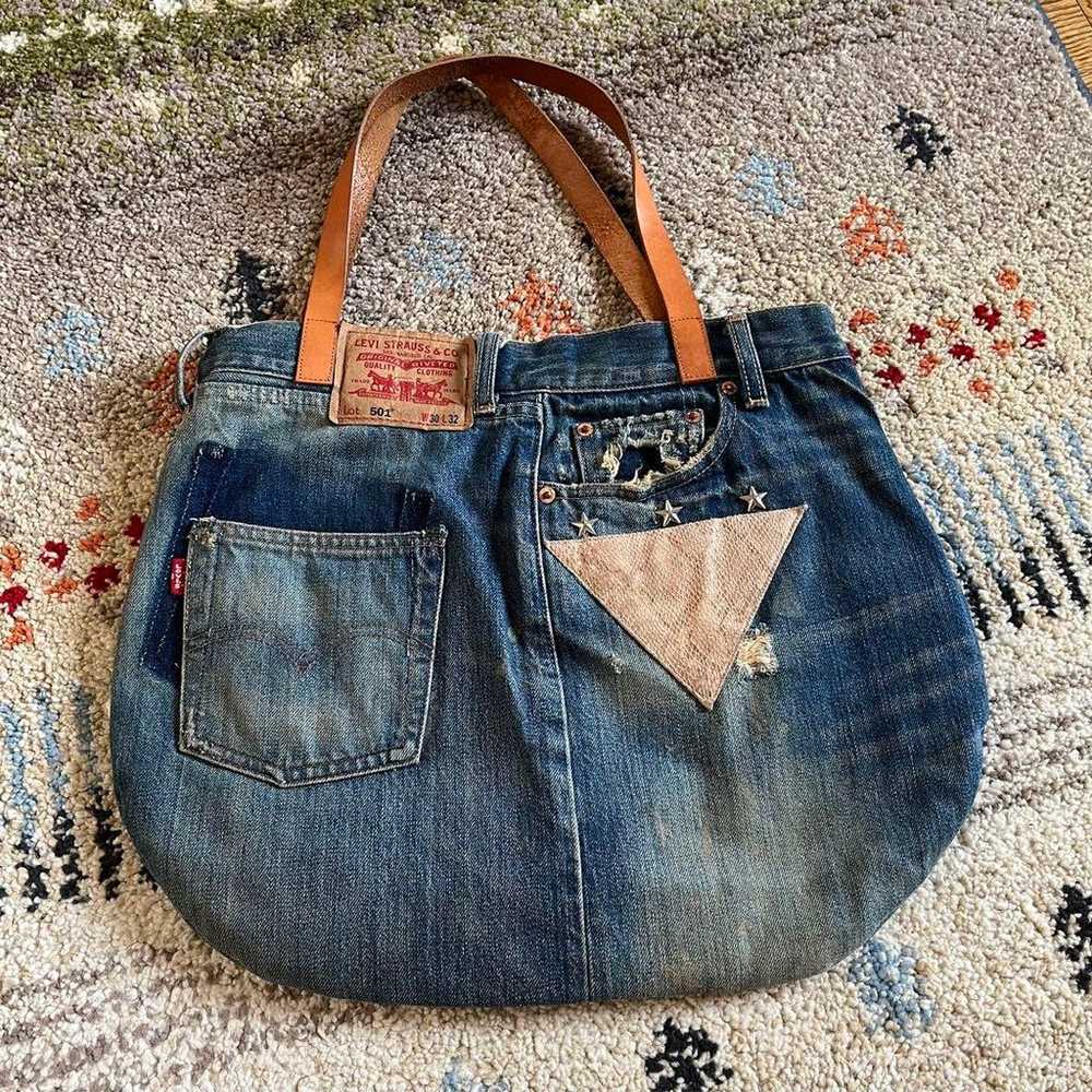 Custom-made denim tote bag with genuine leather s… - image 8