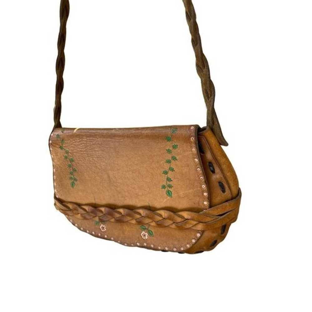 Vintage 70’s Leather Crossbody Boho Hippie Purse … - image 2