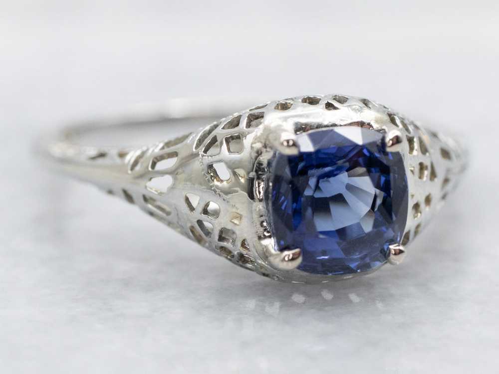 White Gold Art Deco Sapphire Solitaire Ring - image 2