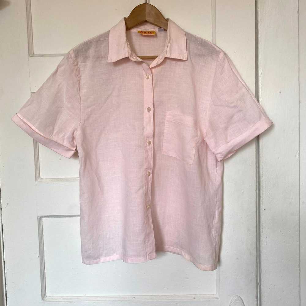 Vintage Pink Linen Collared Shirt Short Sleeve Sh… - image 1